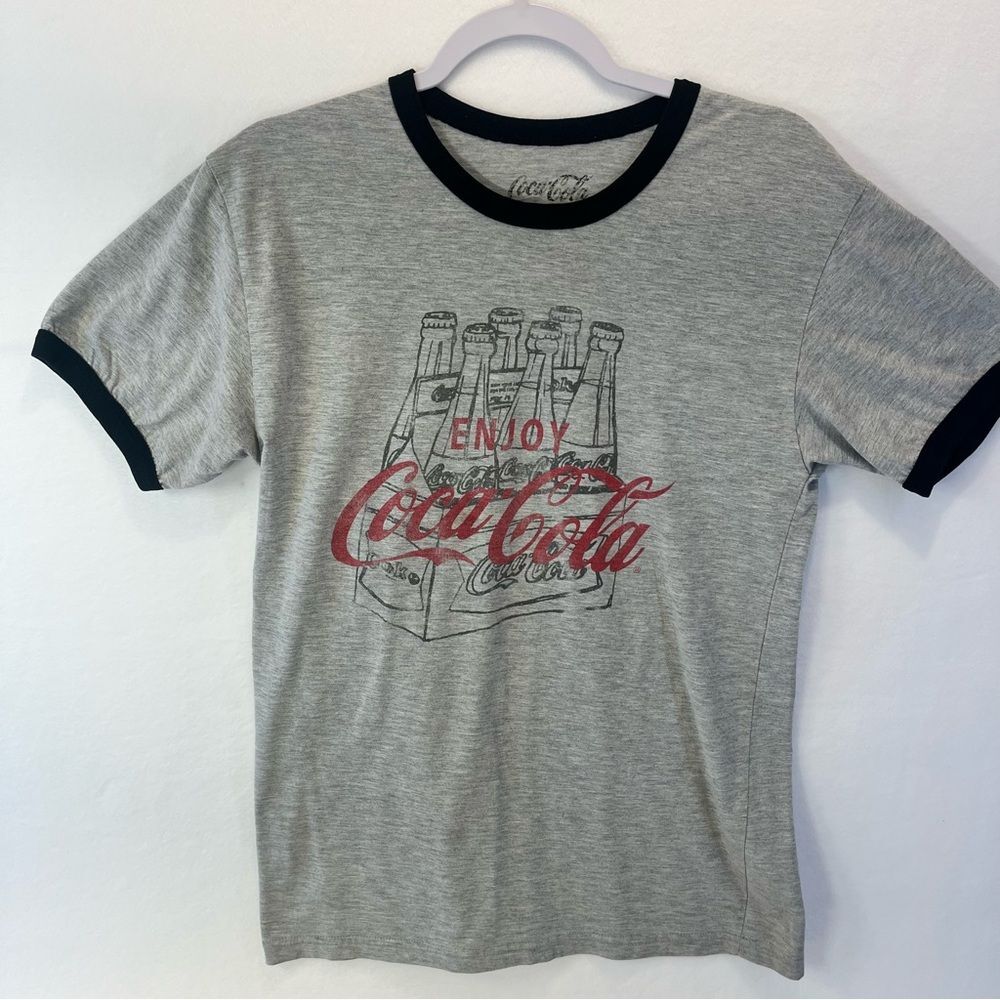 Coca Cola Ringer Unisex T-Shirt Medium Grey/Black Vintage Style Enjoy Coca-Cola